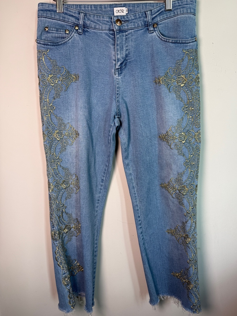 Cache Gold Embroidered Baroque Skinny Jeans Boho Western Sz 12